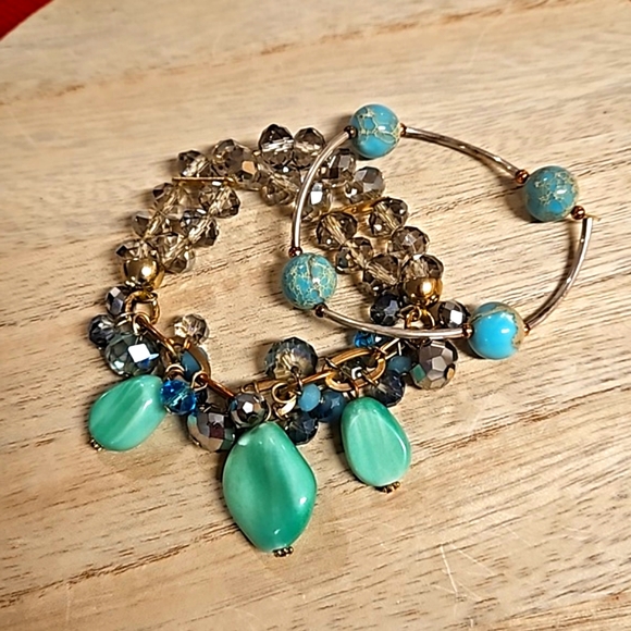 2 pc. turquoise colored stones gems smoked gray crystals bracelets arm candy EUC - Picture 3 of 8